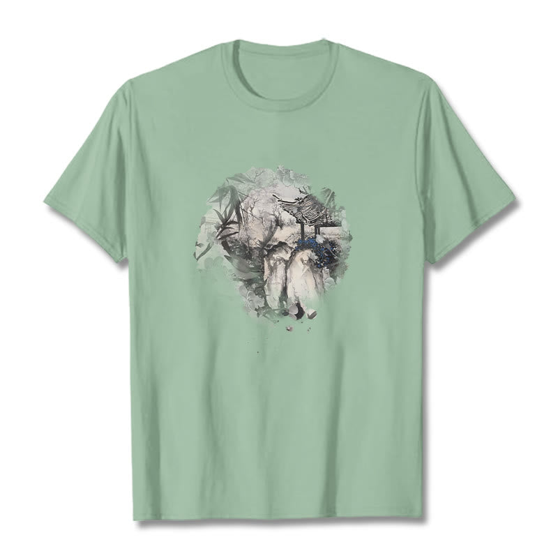 Camiseta con diseño de pabellón de montaña de bambú chino con Buddha Stones - Verde pálido - 2XL - image 15