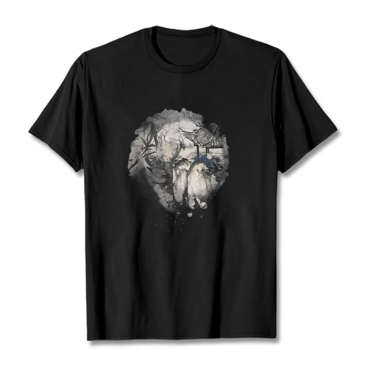 Camiseta con diseño de pabellón de montaña de bambú chino con Buddha Stones - Negro - 2XL - image 1