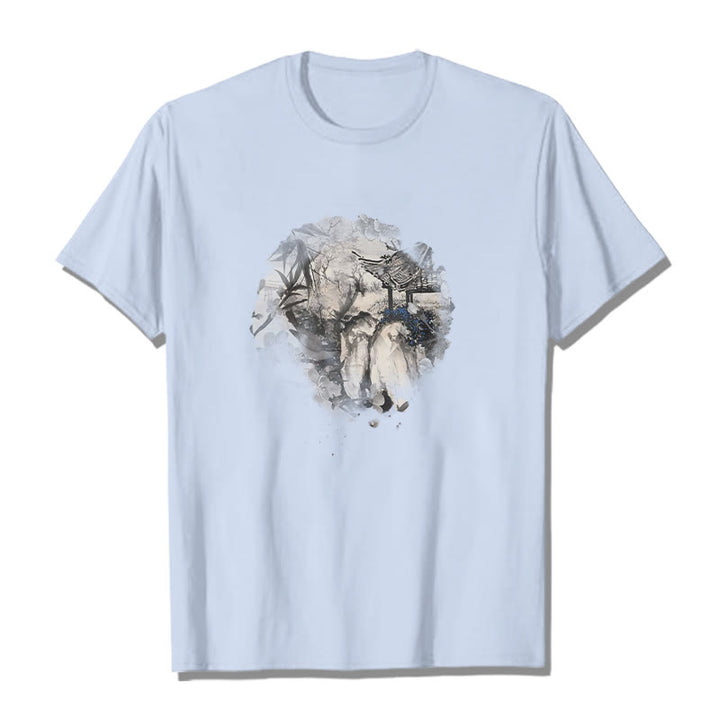 Camiseta con diseño de pabellón de montaña de bambú chino con Buddha Stones - Cian claro - 2XL - image 13