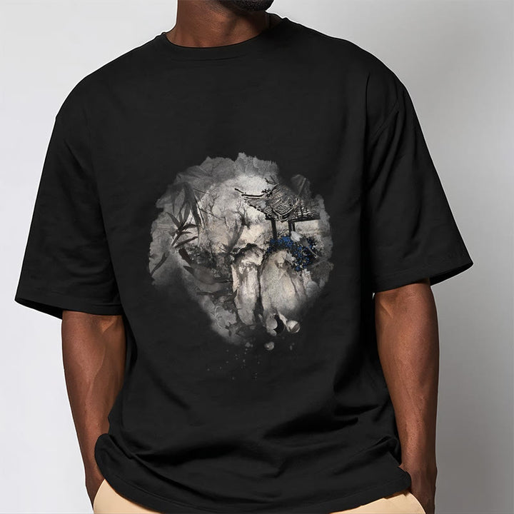 Camiseta con diseño de pabellón de montaña de bambú chino con Buddha Stones - image 2