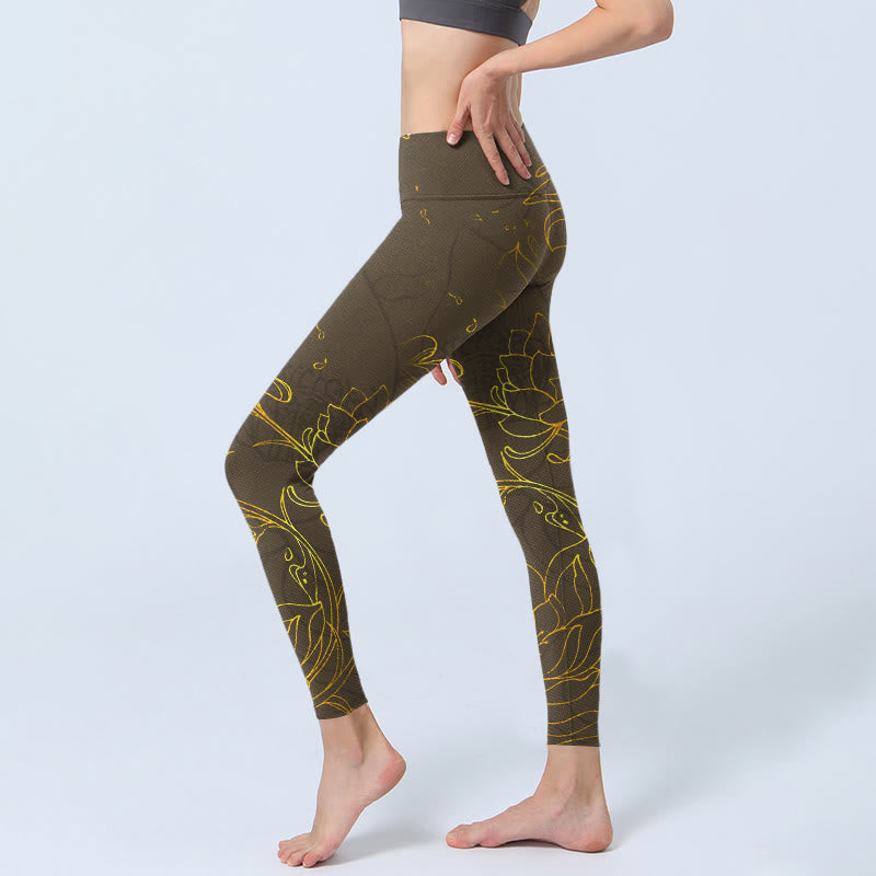 Leggings de yoga para mujer con estampado de hojas de loto y flores de loto de color marrón amarillento y Buddha Stones - image 3