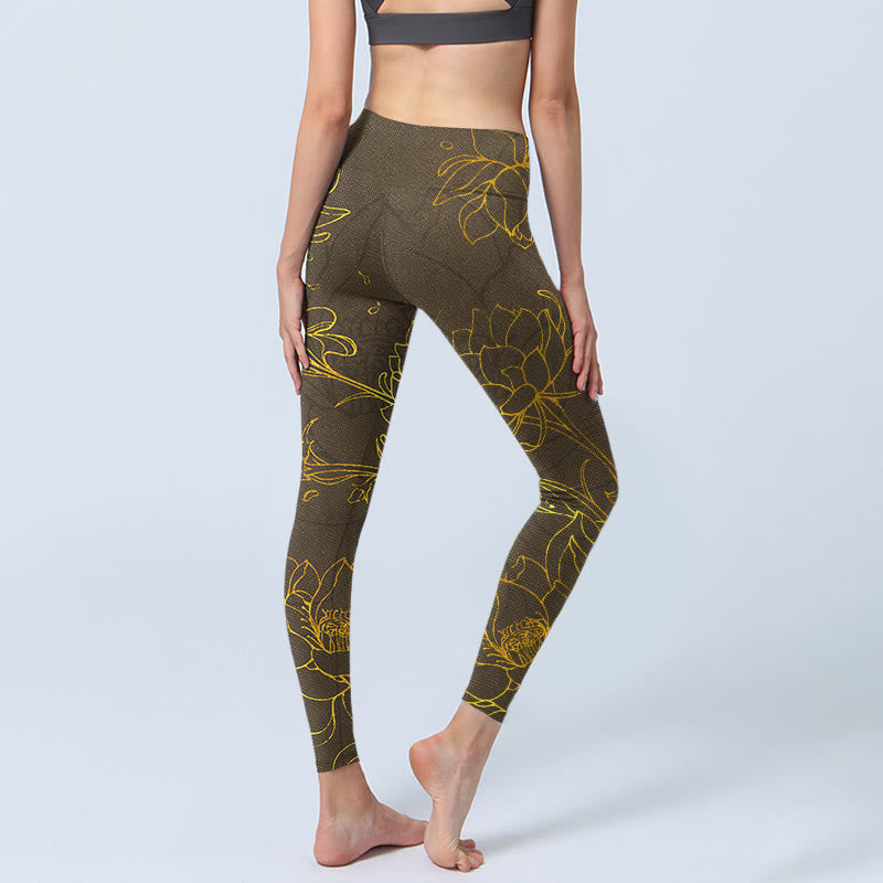 Leggings de yoga para mujer con estampado de hojas de loto y flores de loto de color marrón amarillento y Buddha Stones - image 5
