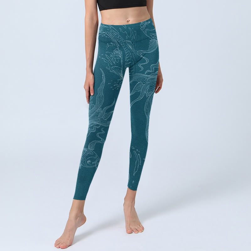 Leggings de yoga para mujer con estampado de ondas fluidas y peces koi azules y Buddha Stones - image 5