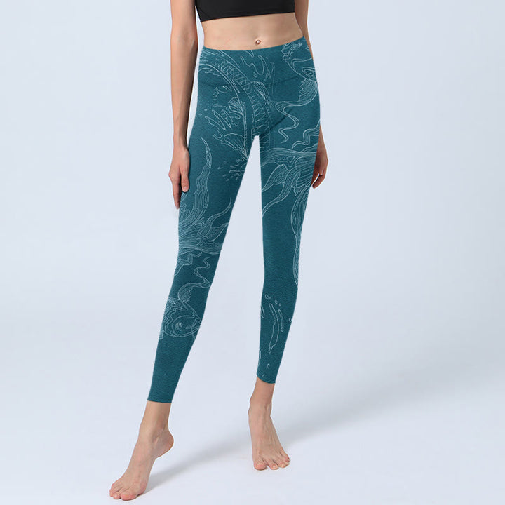 Leggings de yoga para mujer con estampado de ondas fluidas y peces koi azules y Buddha Stones - image 6
