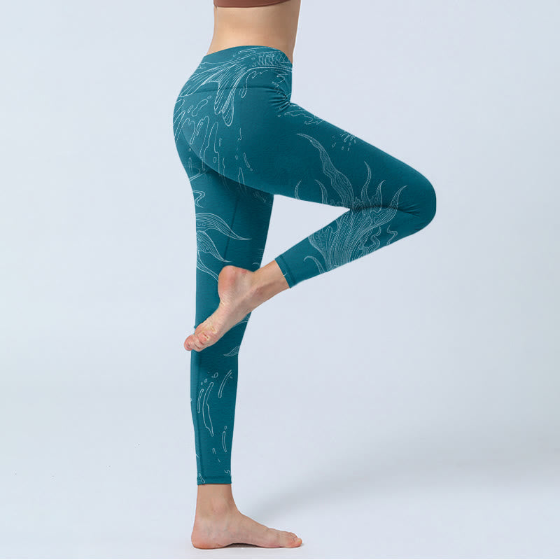 Leggings de yoga para mujer con estampado de ondas fluidas y peces koi azules y Buddha Stones - image 3