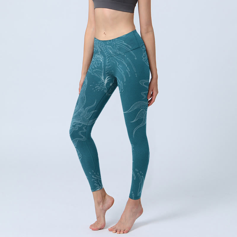 Leggings de yoga para mujer con estampado de ondas fluidas y peces koi azules y Buddha Stones - Azul cadete - US18，UK/AU22，EU50 (4XL) - image 0