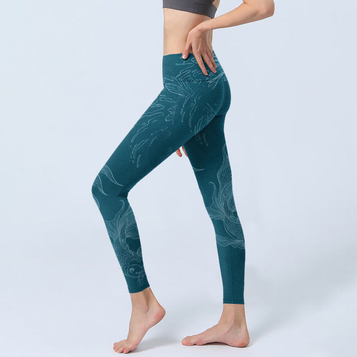 Leggings de yoga para mujer con estampado de ondas fluidas y peces koi azules y Buddha Stones - image 3