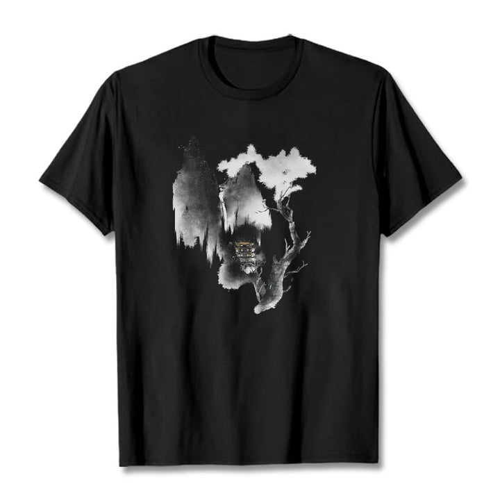 Camiseta con estampado de Buddha Stones Pavilion Tree Geese Around The Mountains - Negro - 2XL - image 5