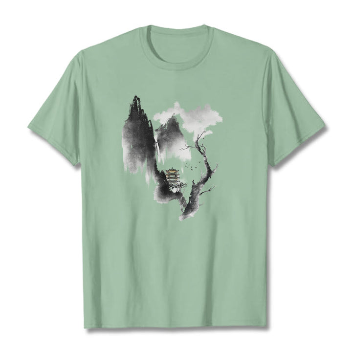 Camiseta con estampado de Buddha Stones Pavilion Tree Geese Around The Mountains - Verde pálido - 2XL - image 15