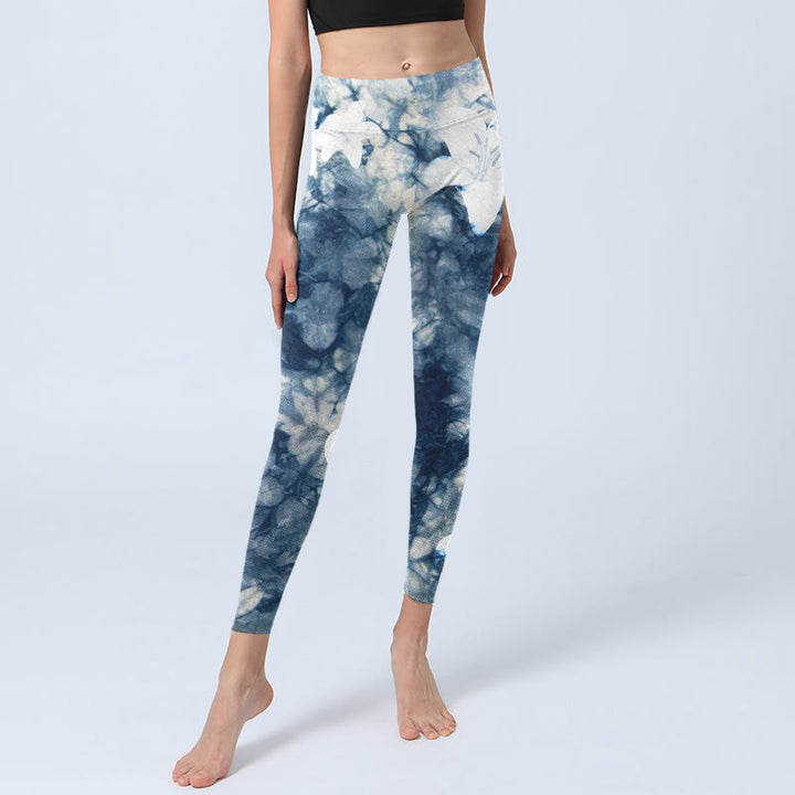 Leggings de yoga para mujer con estampado de textura de acuarela y flores de lirio azul y Buddha Stones - image 6