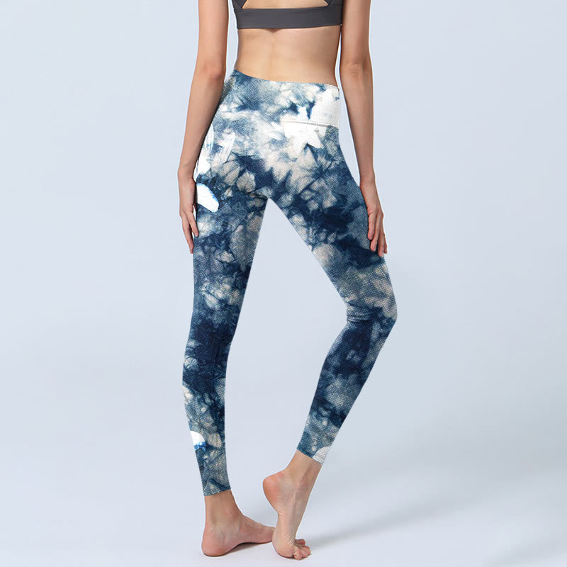 Leggings de yoga para mujer con estampado de textura de acuarela y flores de lirio azul y Buddha Stones - image 5