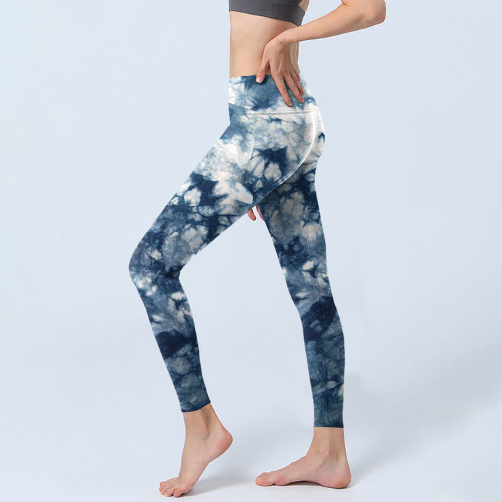 Leggings de yoga para mujer con estampado de textura de acuarela y flores de lirio azul y Buddha Stones - image 2