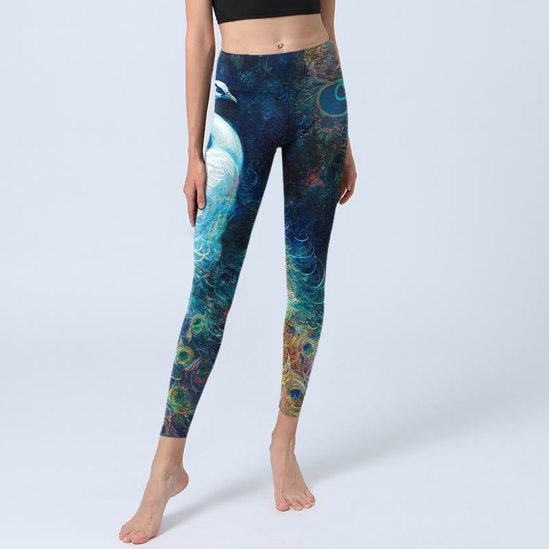 Leggings de yoga para mujer con estampado de plumas de pavo real azul y Buddha Stones - image 5