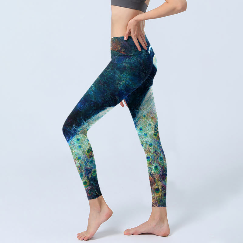 Leggings de yoga para mujer con estampado de plumas de pavo real azul y Buddha Stones - image 2