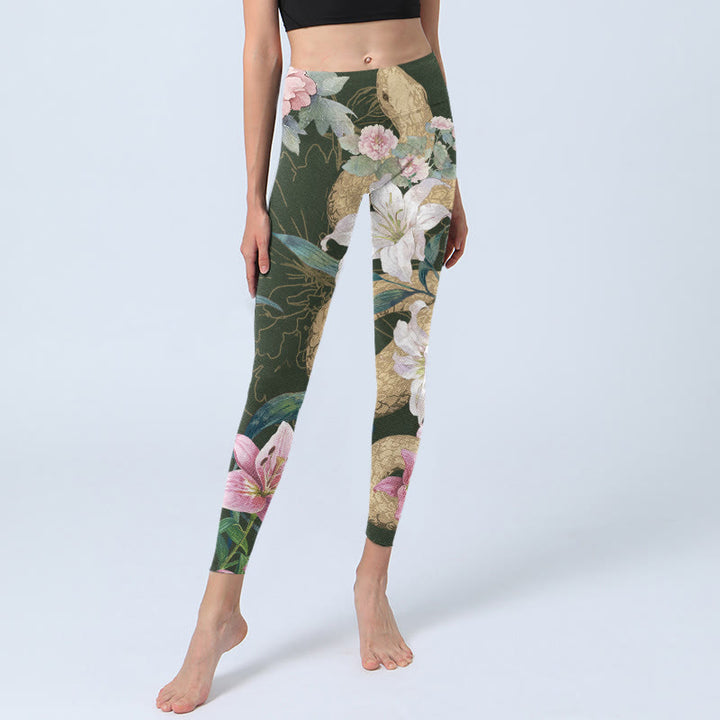Leggings de yoga para mujer con estampado de flores de peonía, lirio, serpiente y piedras de Buddha Stones, color verde y dorado - image 6