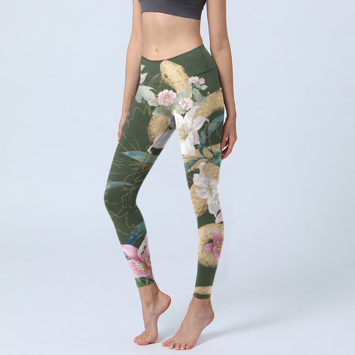 Leggings de yoga para mujer con estampado de flores de peonía, lirio, serpiente y piedras de Buddha Stones, color verde y dorado - Verde oliva oscuro - US18，UK/AU22，EU50 (4XL) - image 1