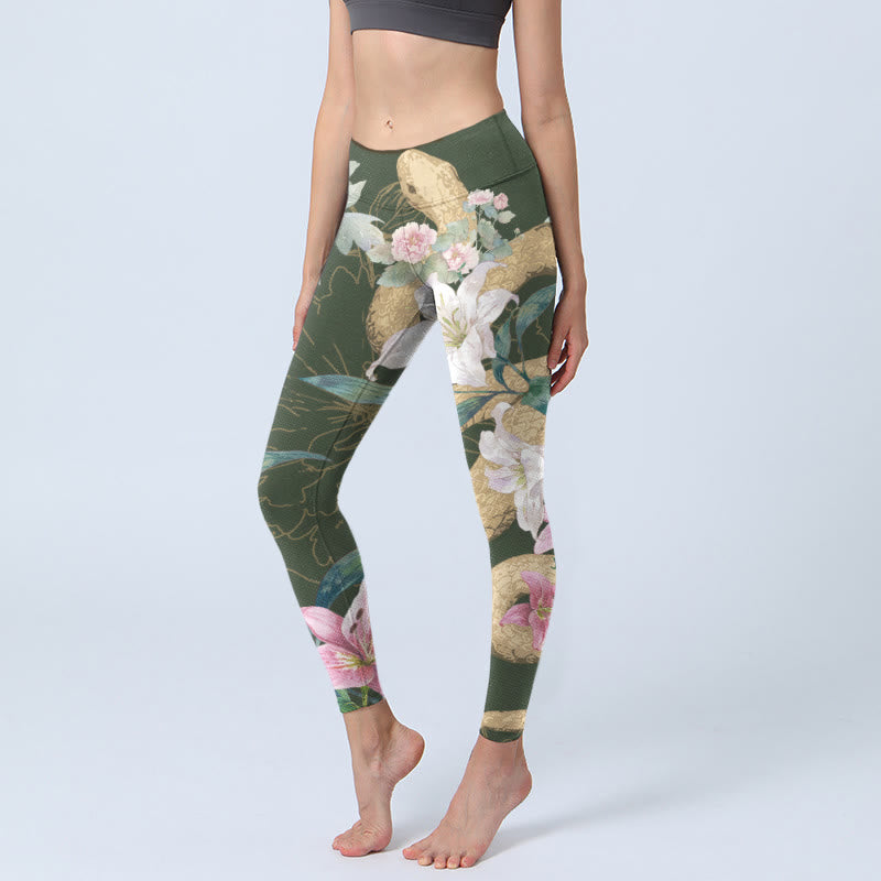 Leggings de yoga para mujer con estampado de flores de peonía, lirio, serpiente y piedras de Buddha Stones, color verde y dorado - Verde oliva oscuro - US18，UK/AU22，EU50 (4XL) - image 0