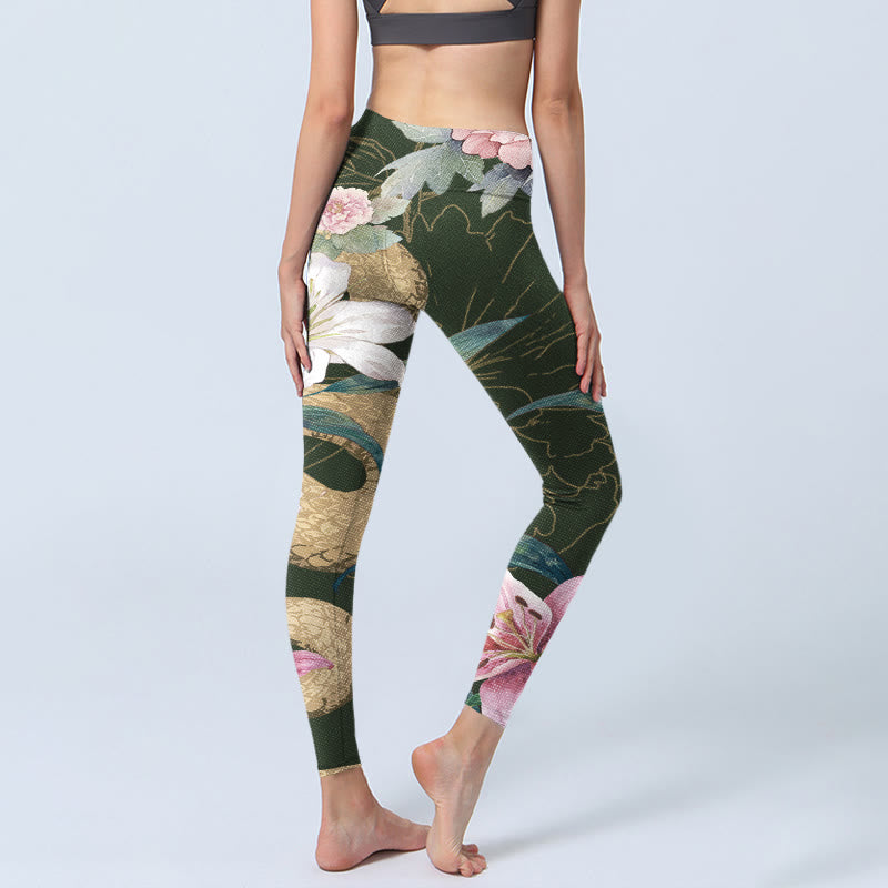 Leggings de yoga para mujer con estampado de flores de peonía, lirio, serpiente y piedras de Buddha Stones, color verde y dorado - image 5