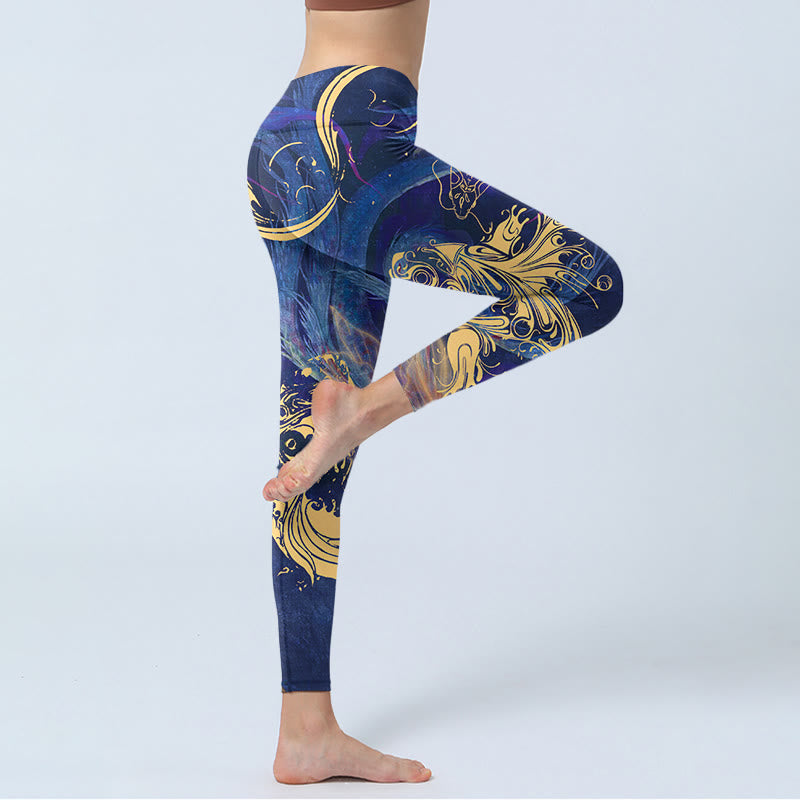 Leggings de yoga para mujer con estampado de nubes auspiciosas, peces koi azules y Buddha Stones - image 3