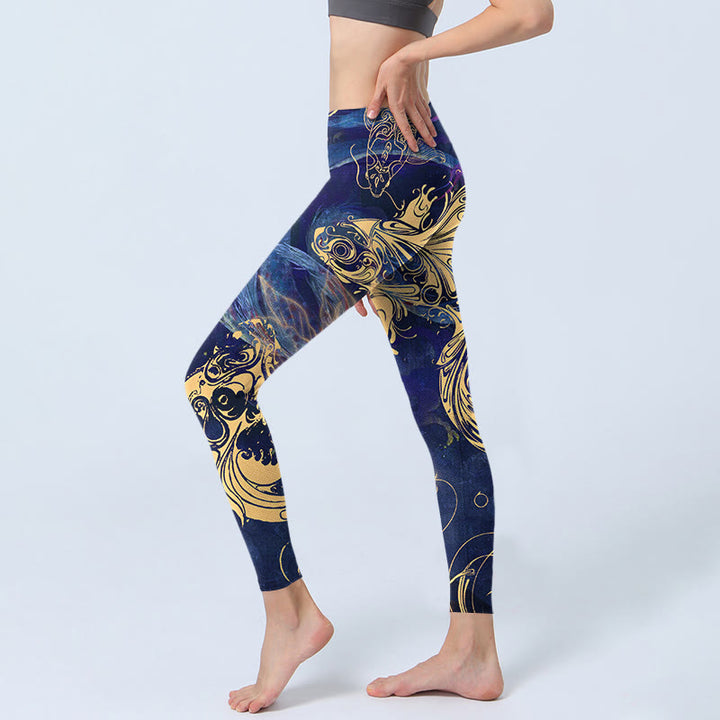 Leggings de yoga para mujer con estampado de nubes auspiciosas, peces koi azules y Buddha Stones - image 3