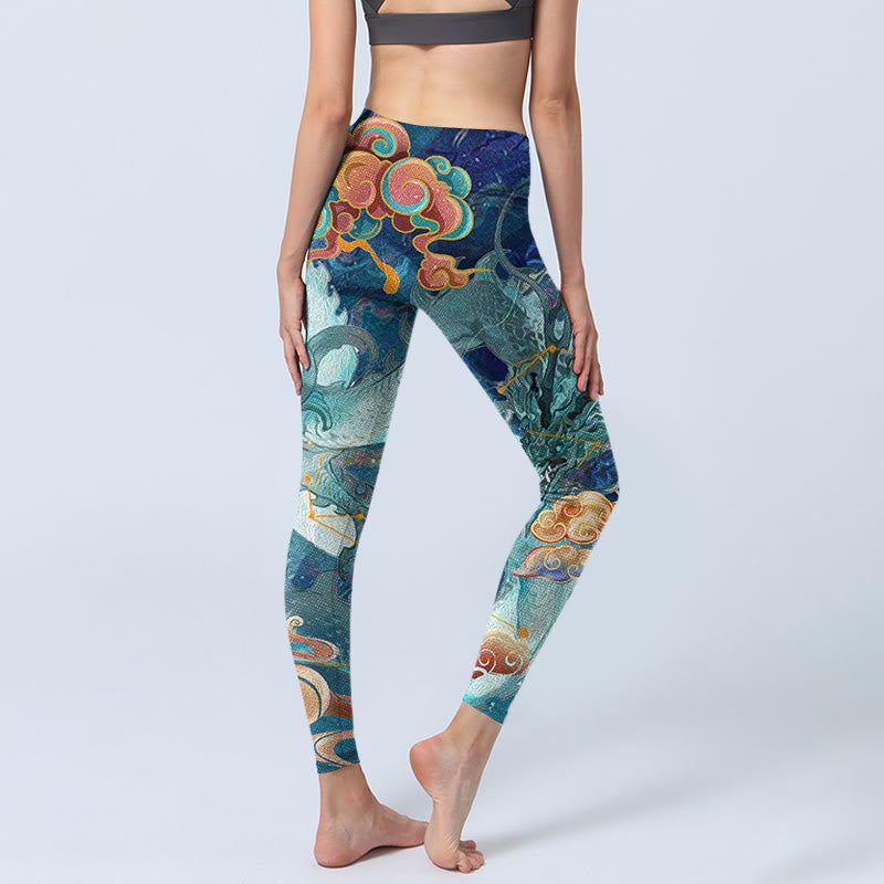 Leggings de yoga para mujer con estampado de nubes auspiciosas y dragón azul y Buddha Stones - image 4