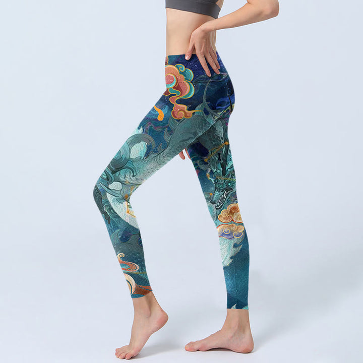 Leggings de yoga para mujer con estampado de nubes auspiciosas y dragón azul y Buddha Stones - image 2