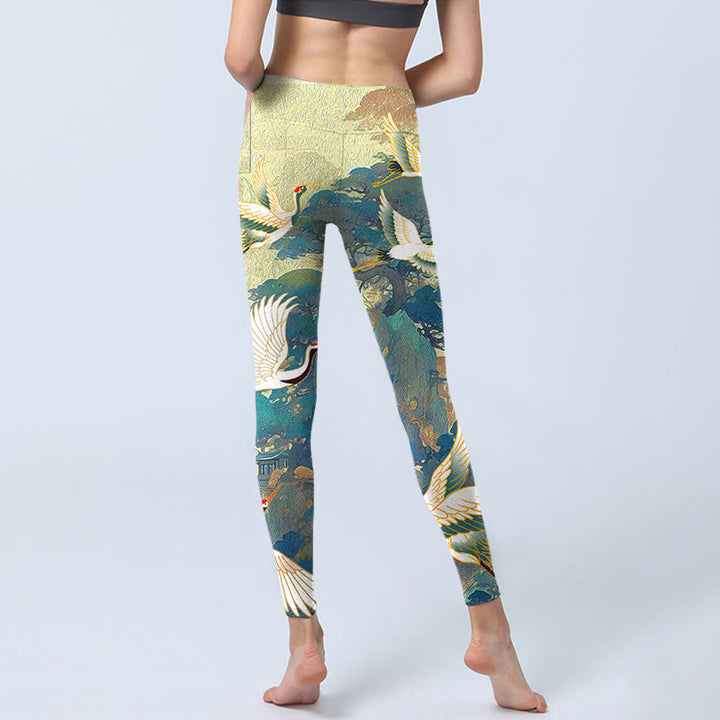 Leggings de yoga para mujer con estampado de grulla de corona roja, pino y piedras de Buddha Stones en azul - image 6