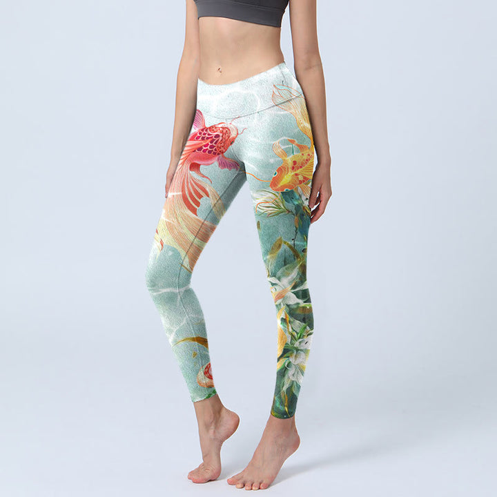 Leggings de yoga para mujer con estampado de ondas de agua, loto blanco, pez koi verde y Buddha Stones - Gotas de miel - US18，UK/AU22，EU50 (4XL) - image 0