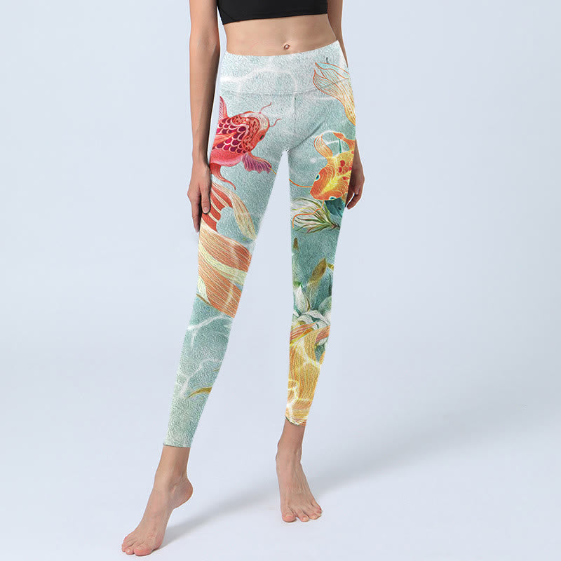 Leggings de yoga para mujer con estampado de ondas de agua, loto blanco, pez koi verde y Buddha Stones - image 5