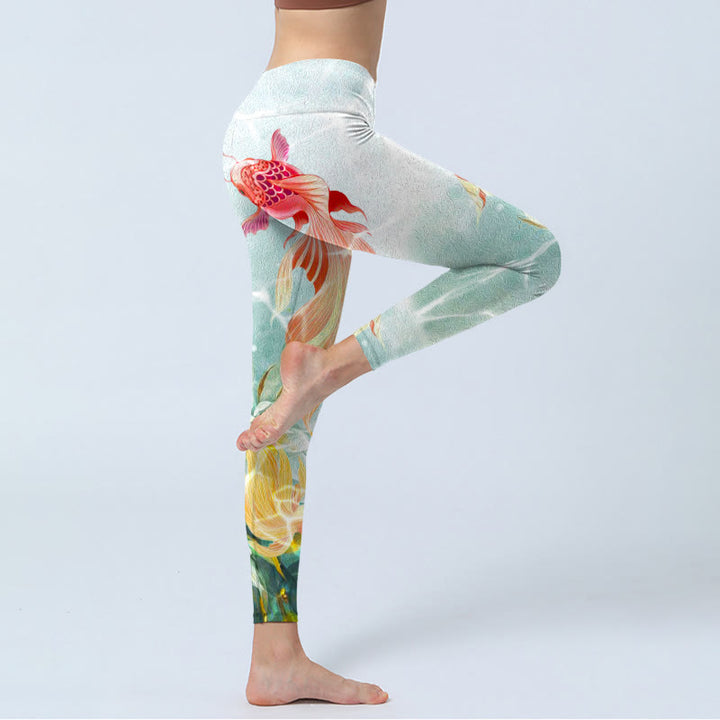 Leggings de yoga para mujer con estampado de ondas de agua, loto blanco, pez koi verde y Buddha Stones - image 3