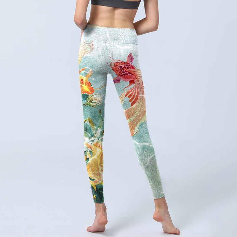 Leggings de yoga para mujer con estampado de ondas de agua, loto blanco, pez koi verde y Buddha Stones
