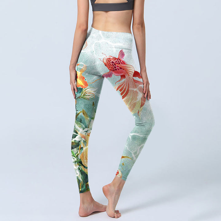 Leggings de yoga para mujer con estampado de ondas de agua, loto blanco, pez koi verde y Buddha Stones - image 4