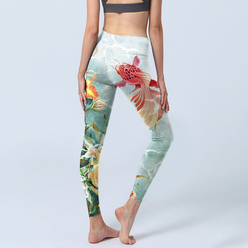 Leggings de yoga para mujer con estampado de ondas de agua, loto blanco, pez koi verde y Buddha Stones - image 5