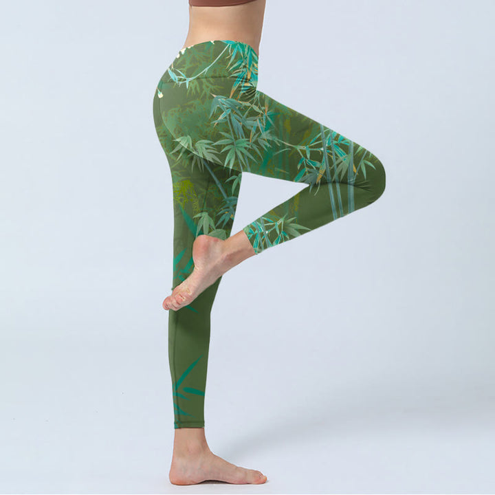 Leggings de yoga para mujer con estampado de flores y piedras de bambú verde y Buddha Stones - image 4