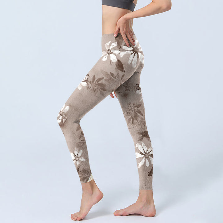 Leggings de yoga para mujer con estampado de flores blancas y marrones y Buddha Stones - image 3