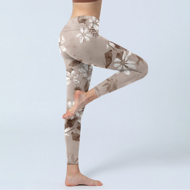 Leggings de yoga para mujer con estampado de flores blancas y marrones y Buddha Stones - image 3
