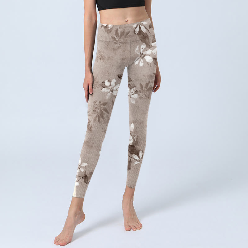 Leggings de yoga para mujer con estampado de flores blancas y marrones y Buddha Stones - image 5