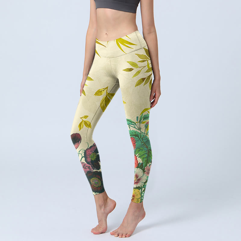 Leggings de yoga para mujer con Buddha Stones verdes doradas y flores de colores - Caqui - US18，UK/AU22，EU50 (4XL) - image 0