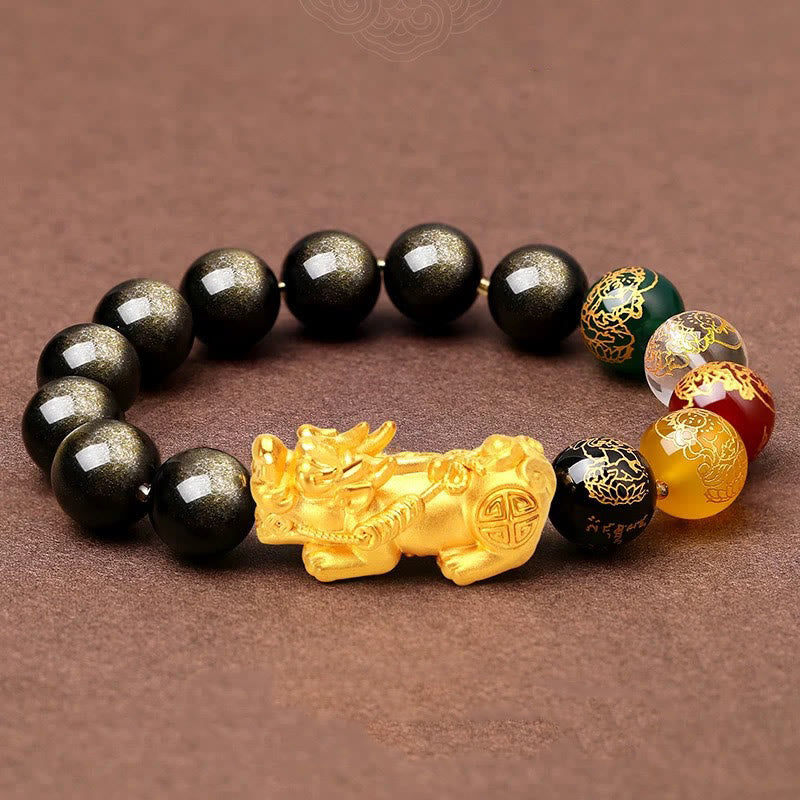Pulsera de protección de los dioses de la riqueza de las cinco direcciones con obsidiana PiXiu y brillo dorado natural de Buddha Stones