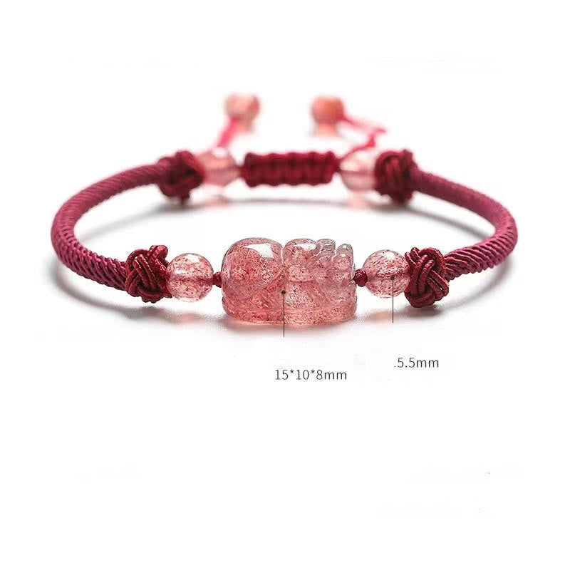 Pulsera trenzada protectora de hilo rojo PiXiu con cuarzo fresa natural y Buddha Stones