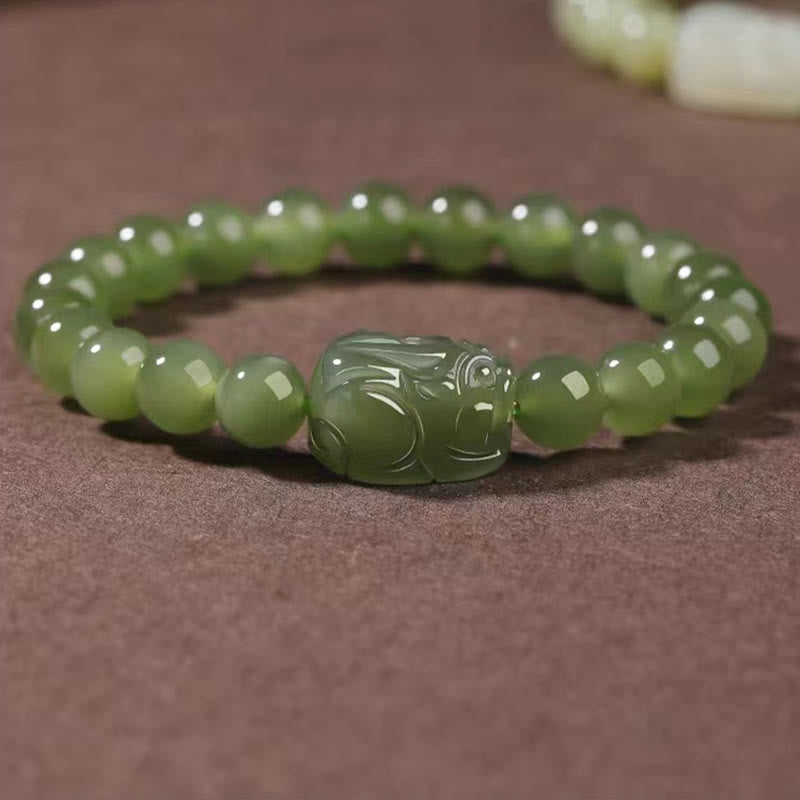 Buddha Stones Pulsera de la suerte tallada en jade PiXiu de Hetian natural