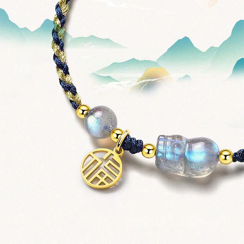 Pulsera de cuerda curativa para pareja con personajes Fu y Buddha Stones lunar PiXiu y ojo de tigre azul