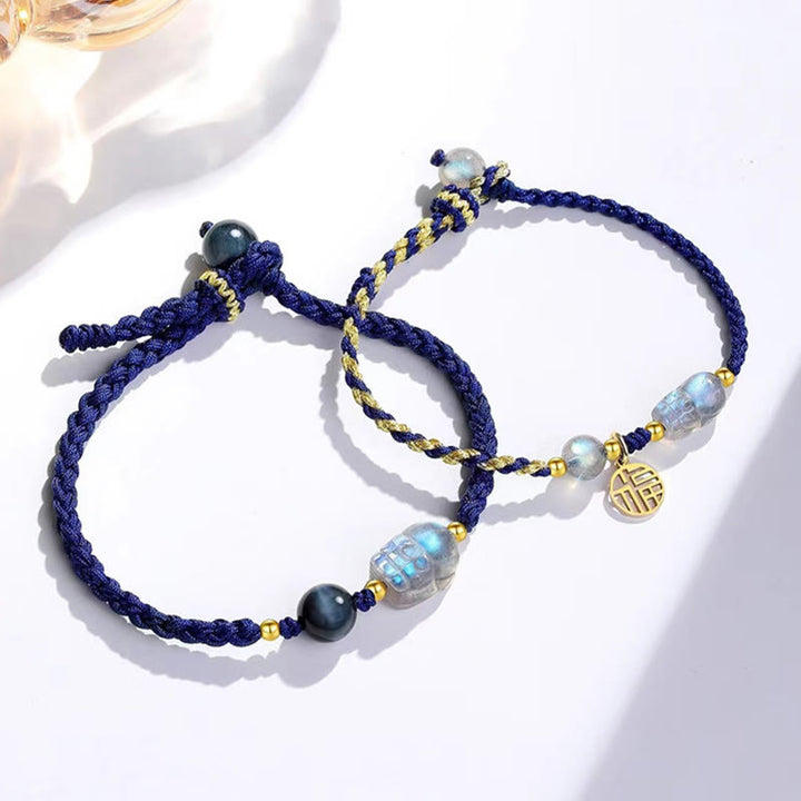 Pulsera de cuerda curativa para pareja con personajes Fu y Buddha Stones lunar PiXiu y ojo de tigre azul