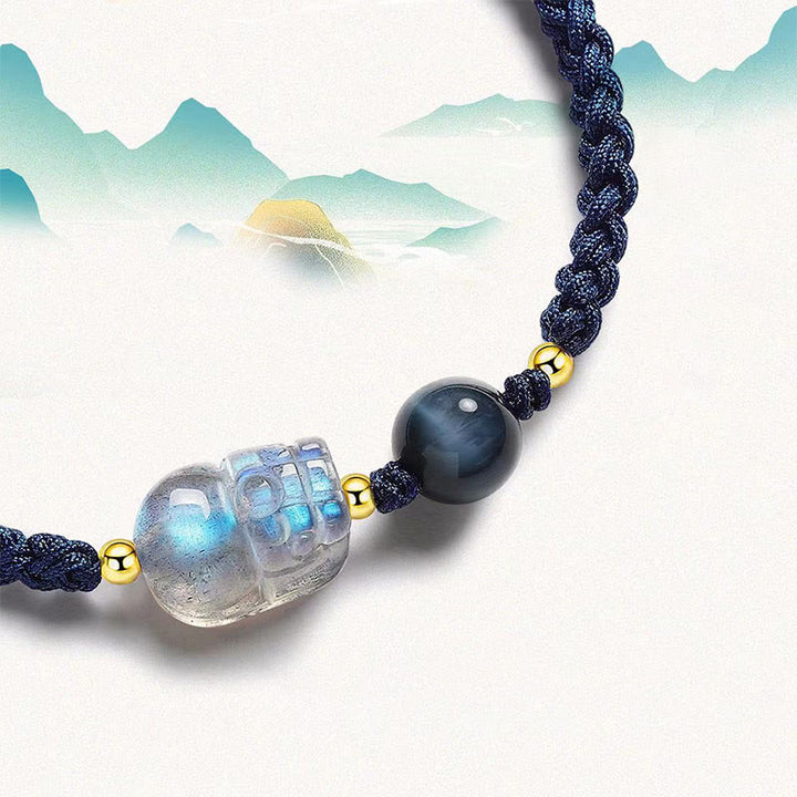Pulsera de cuerda curativa para pareja con personajes Fu y Buddha Stones lunar PiXiu y ojo de tigre azul