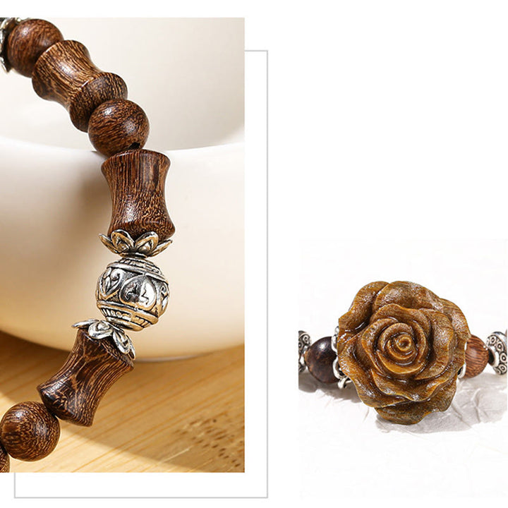 Pulsera curativa con diseño de camelias y Buddha Stones , madera de sándalo y bambú