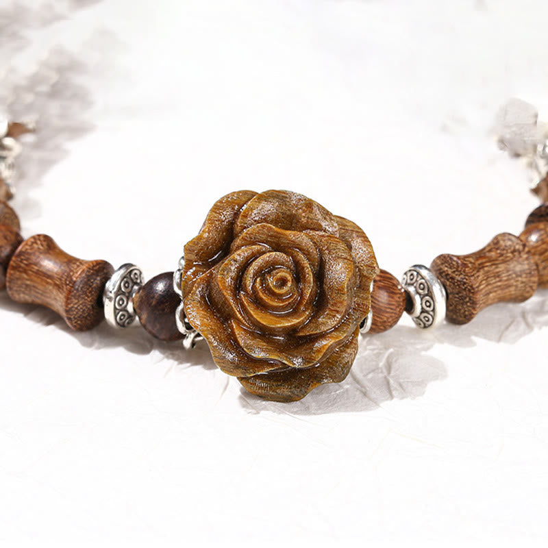 Pulsera curativa con diseño de camelias y Buddha Stones , madera de sándalo y bambú