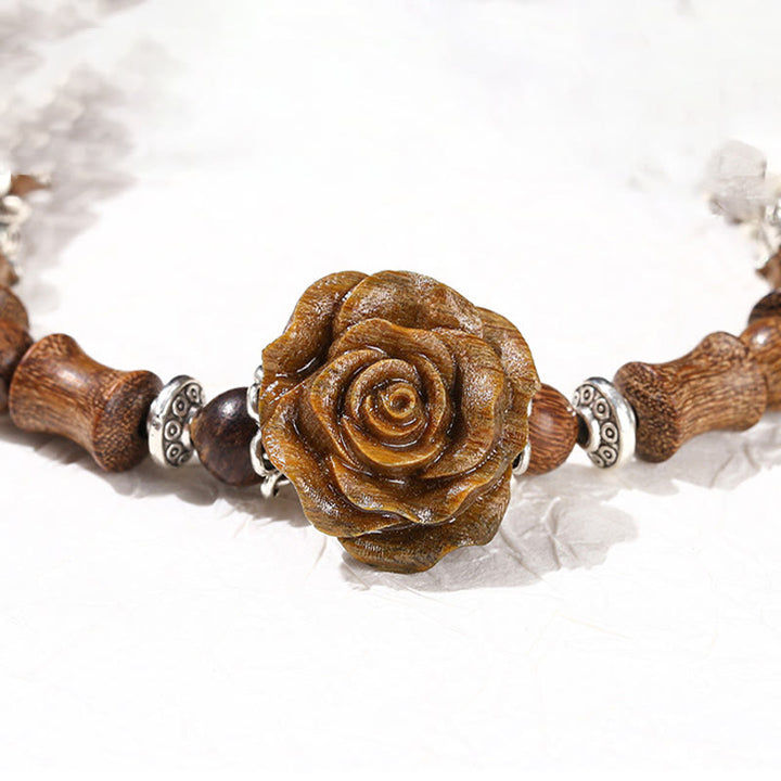 Pulsera curativa con diseño de camelias y Buddha Stones , madera de sándalo y bambú