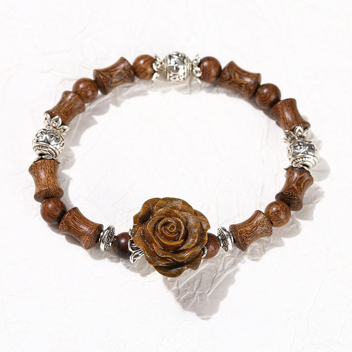 Pulsera curativa con diseño de camelias y Buddha Stones , madera de sándalo y bambú