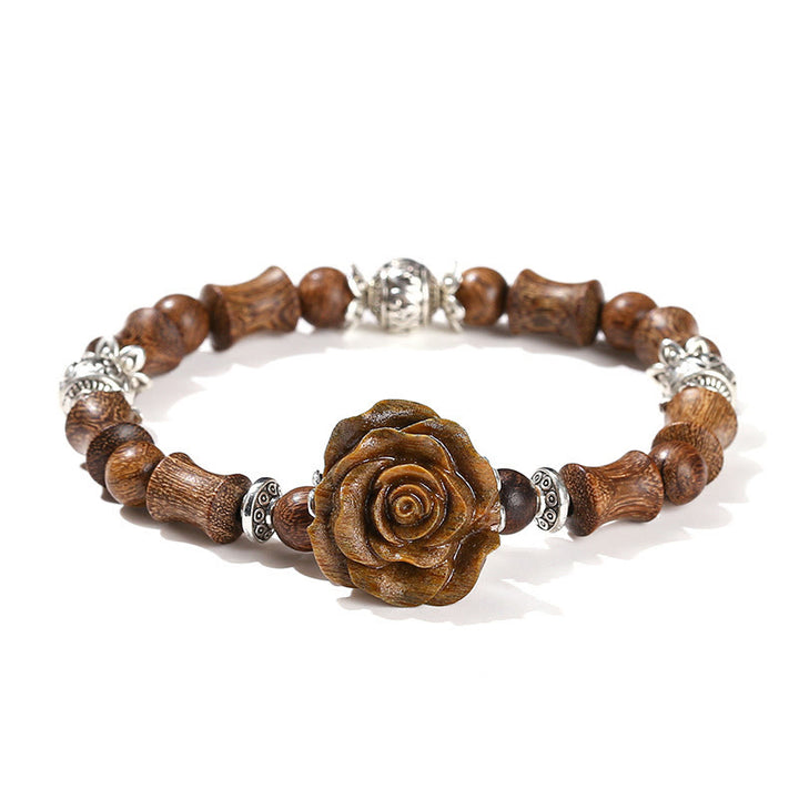 Pulsera curativa con diseño de camelias y Buddha Stones , madera de sándalo y bambú
