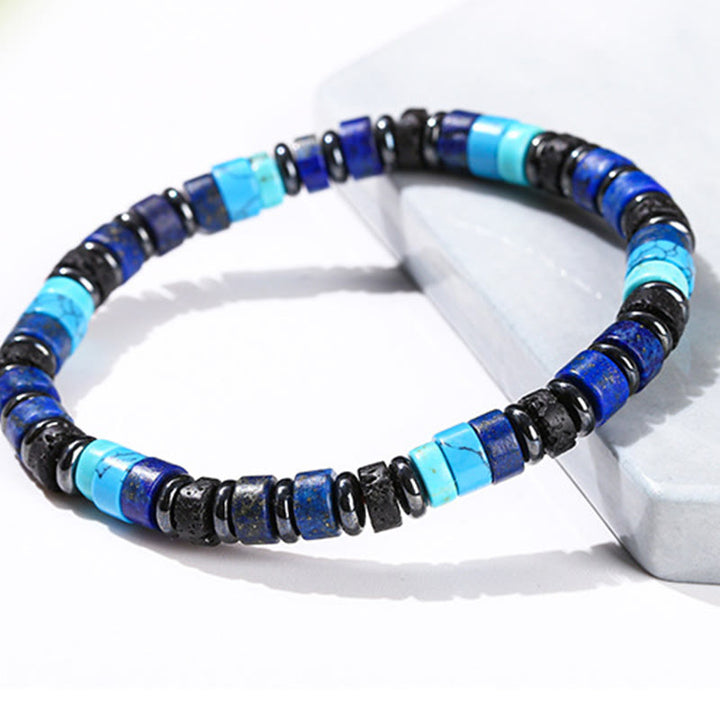 Pulsera de soporte con Buddha Stones, hematita, turquesa, lazurita, lapislázuli, roca de lava, piedra negra brillante - image 4